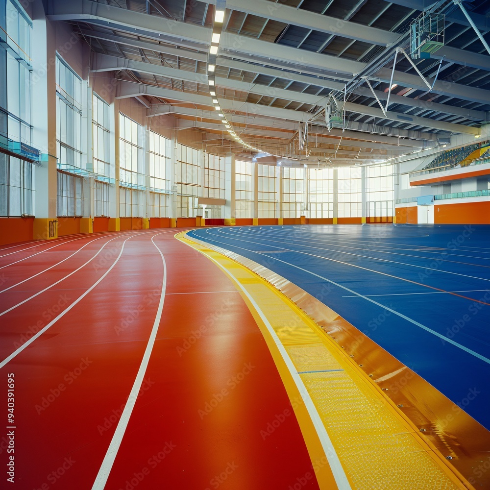 4. Indoor stadium with red running lanes and white markings, curved ...