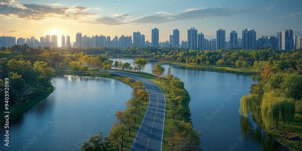 Obraz premium Aerial Urban Oasis: Modern Cityscape with Scenic Highway, Tranquil Lake, and Lush Gardens. Breathtaking Panoramic View for Travel Inspiration, Urban Planning, and Holiday Marketing. Versatile Backgrou