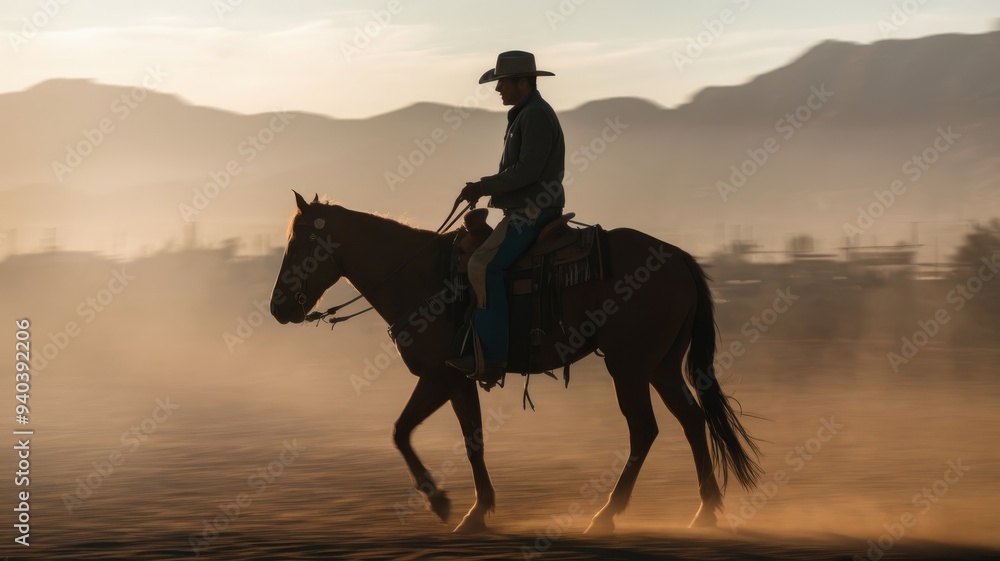 Cowboy Silhouette in the Dusty Desert, Horse Walking Through the Haze Cowboy Silhouette in the Dusty Desert, Horse Walking Through the Haze