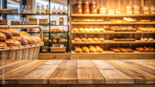 Wooden top with blurred empty bakery shop background for product advertising mockup, wood, top, blurred, empty photo