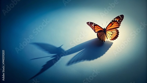 A butterfly casting a shadow of a flying bird symbolizing growth and transformation, ambition, improvement photo