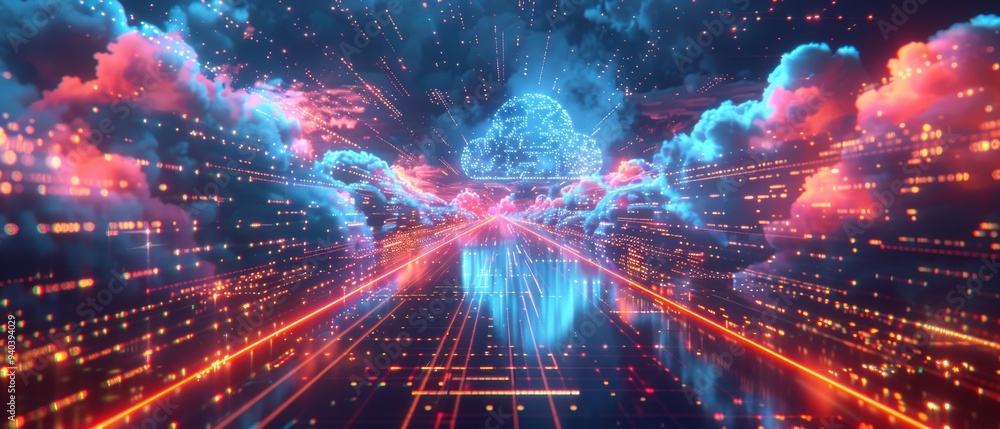 Futuristic Hologram of Interconnected Cloud Servers with Data Streams Futuristic Hologram of Interconnected Cloud Servers with Data Streams