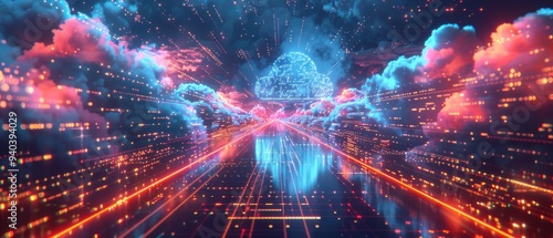 Futuristic 3D Hologram of Interconnected Cloud Servers with Data Streams