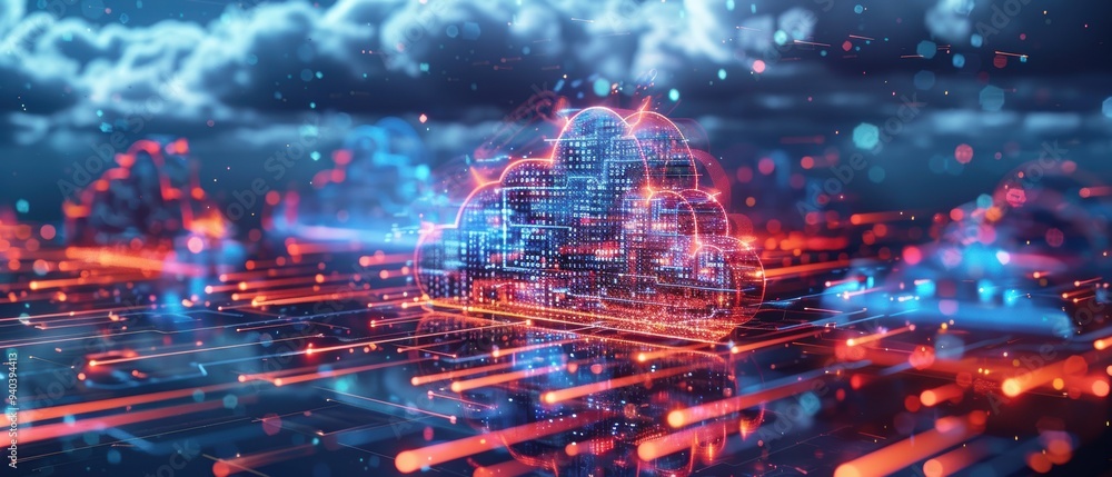 Futuristic Hologram of Cloud Storage with Data Exchange Visualization Futuristic Hologram of Cloud Storage with Data Exchange Visualization