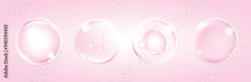 Collagen serum, water drops of liquid on pink background. pink collagen serum bubbles. beauty product, moisture. skin care cosmetic hydration spots solution. vector design.