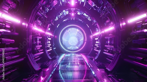 Neon purple portal gate inside alien spaceship with futuristic sci-fi design, high-tech interior in outer space setting photo