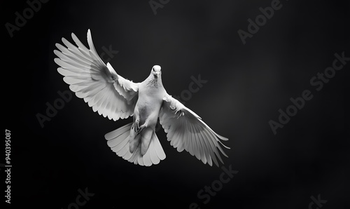 dove flying on black background. 