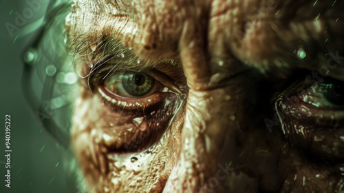 An extreme close-up photograph focusing on the elderly woman's determined face during a workout, sweat glistening on her skin, intense concentration in