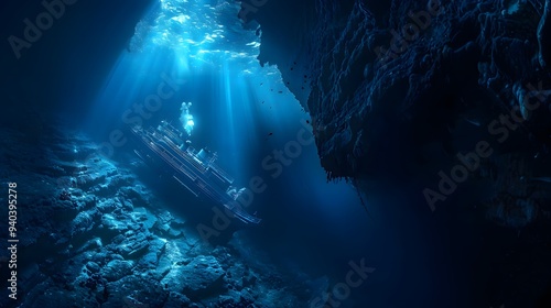 Sunbeams Illuminate a Shipwreck in a Deep Ocean Cave