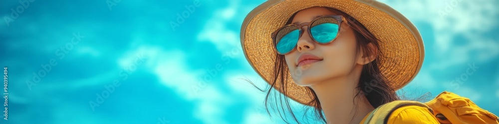 Joyful Asian Traveler: Young Woman with Beach Hat, Sunglasses, and Backpack Ready for Vacation Adventure. Vibrant Blue Background Showcasing Holiday Spirit and Travel Excitement. Perfect for Tourism M Joyful Asian Traveler: Young Woman with Beach Hat, Sunglasses, and Backpack Ready for Vacation Adventure. Vibrant Blue Background Showcasing Holiday Spirit and Travel Excitement. Perfect for Tourism M