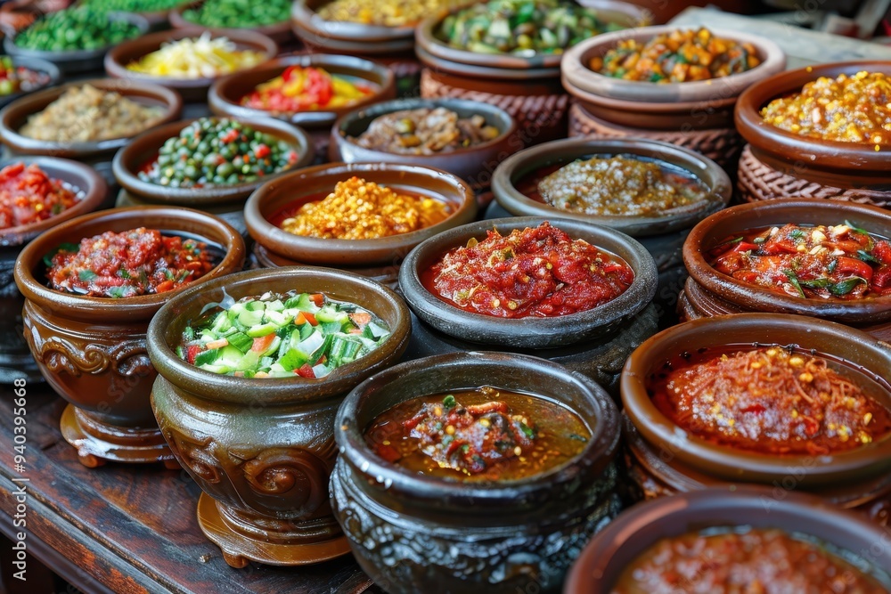 Fototapeta premium A row of earthenware bowls brimming with vibrant, colorful sauces and spices.
