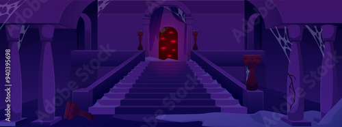 Dark gloomy dungeon with evil spirits with red eyes.
