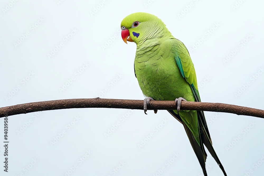 Fototapeta premium Green parrot with red beak perched on branch against a white background.