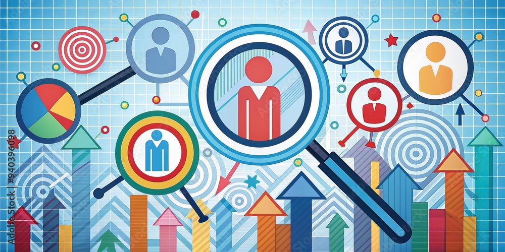 Colorful digital graphic illustrating the recruitment process, featuring icons of magnifying glasses, targets, and upward arrows surrounded by creative geometric shapes and patterns. Colorful digital graphic illustrating the recruitment process, featuring icons of magnifying glasses, targets, and upward arrows surrounded by creative geometric shapes and patterns.