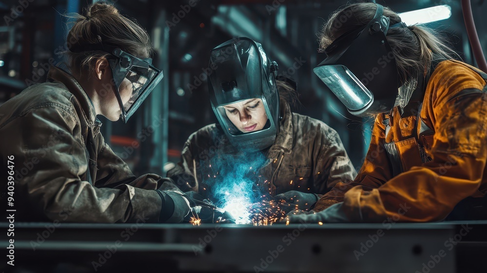 Female welders in protective gear, working together in an industrial setting, showcasing strength and skill, Women in industry, Labor girls Female welders in protective gear, working together in an industrial setting, showcasing strength and skill, Women in industry, Labor girls