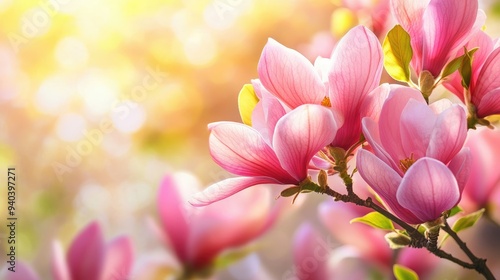 Pink magnolia flowers blooming in spring garden
