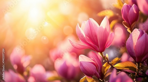 Pink magnolia flowers blooming in spring garden
