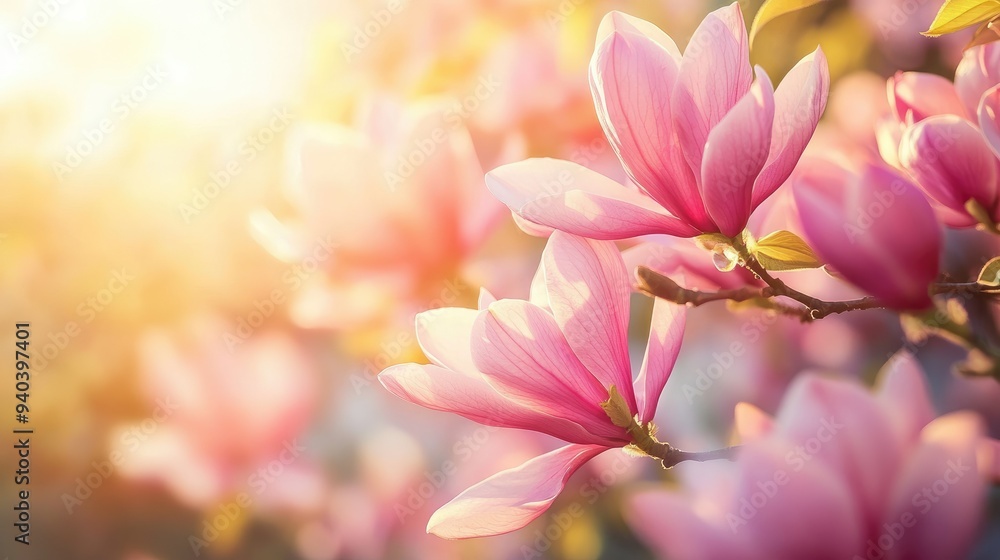 Pink magnolia flowers blooming in spring garden Pink magnolia flowers blooming in spring garden