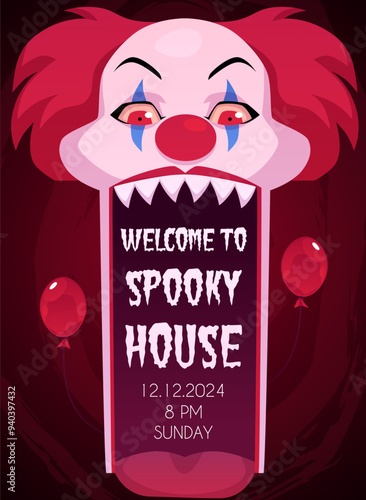 Horror house entrance poster with open mouth of creepy clown.