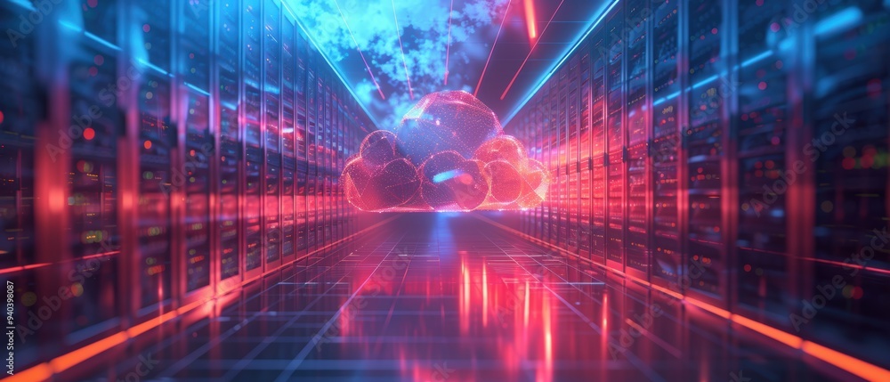 Fototapeta premium Futuristic Hologram of Cloud Storage with Data Pathways for Digital Technology Concept