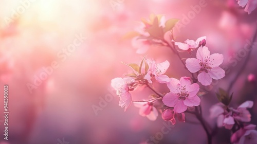 Soft-focus spring blossom tree in morning mist