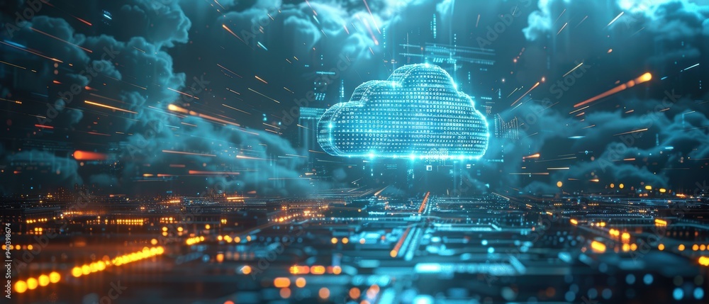 Futuristic Cloud Data Synchronization and Transfer Hologram Concept Futuristic Cloud Data Synchronization and Transfer Hologram Concept