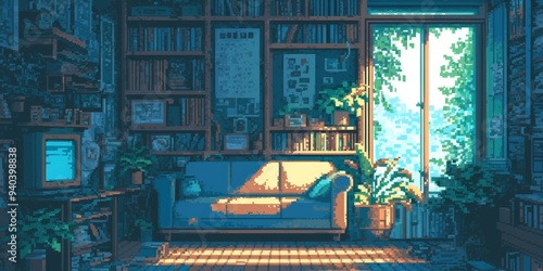 Retro Pixel Art Living Room: Cozy Lo-Fi Study Space with 80s Aesthetic for 2025 New Year. Nostalgic Animation-Style Interior Design Perfect for Holiday Marketing, Gaming Promotions, and Vintage-Inspir