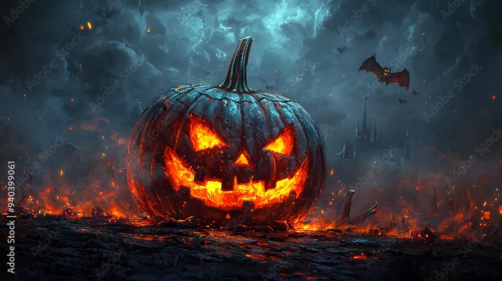 Naklejka premium A glowing jack-o'-lantern amidst a dark, eerie landscape at night.