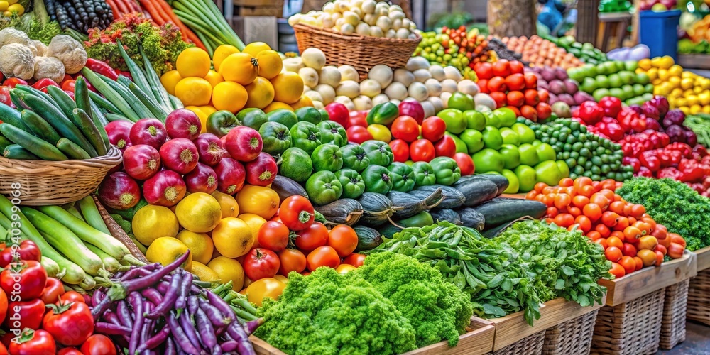 Close-up of colorful array of fresh produce including fruits and vegetables on display at a farmers market stall Close-up of colorful array of fresh produce including fruits and vegetables on display at a farmers market stall