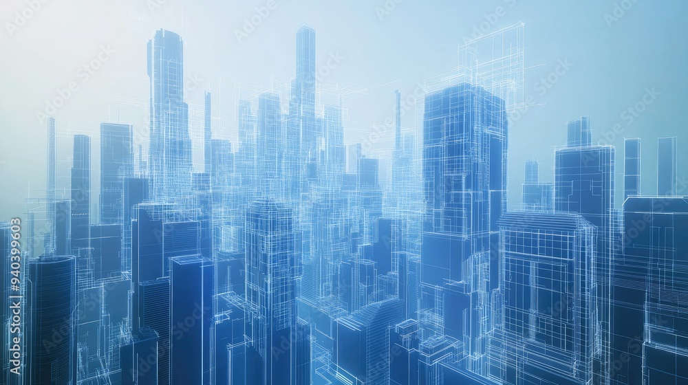 Futuristic cityscape with digital blueprints overlay Futuristic cityscape with digital blueprints overlay