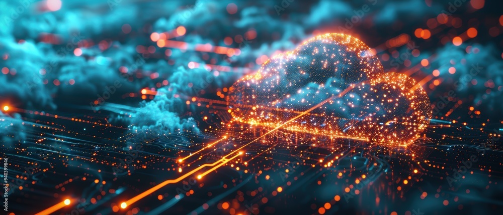 Futuristic Hologram Illustrating Secure Cloud Computing Network and Data Exchange Futuristic Hologram Illustrating Secure Cloud Computing Network and Data Exchange