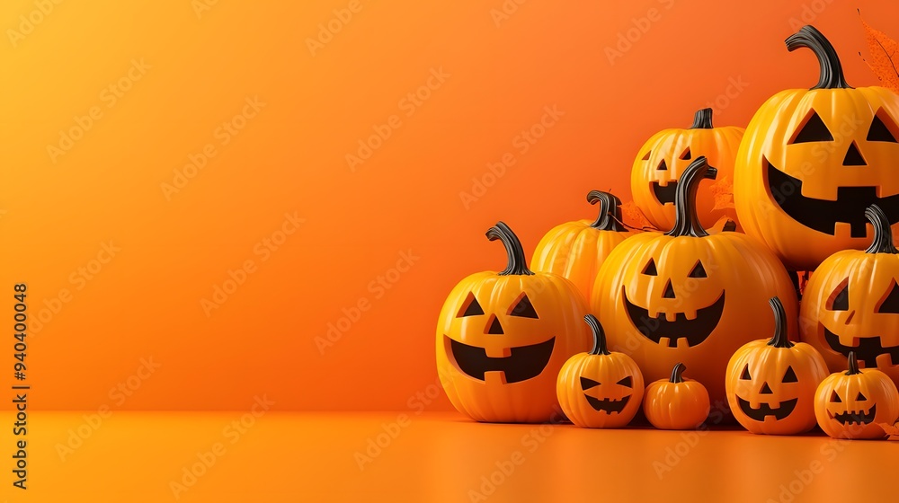A cheerful display of carved pumpkins against a vibrant orange background. A cheerful display of carved pumpkins against a vibrant orange background.