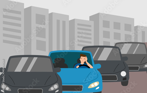 Traffic jam and road situation concept. Confused sad young man driver sitting in car in traffic jam waiting for movement vector illustration.