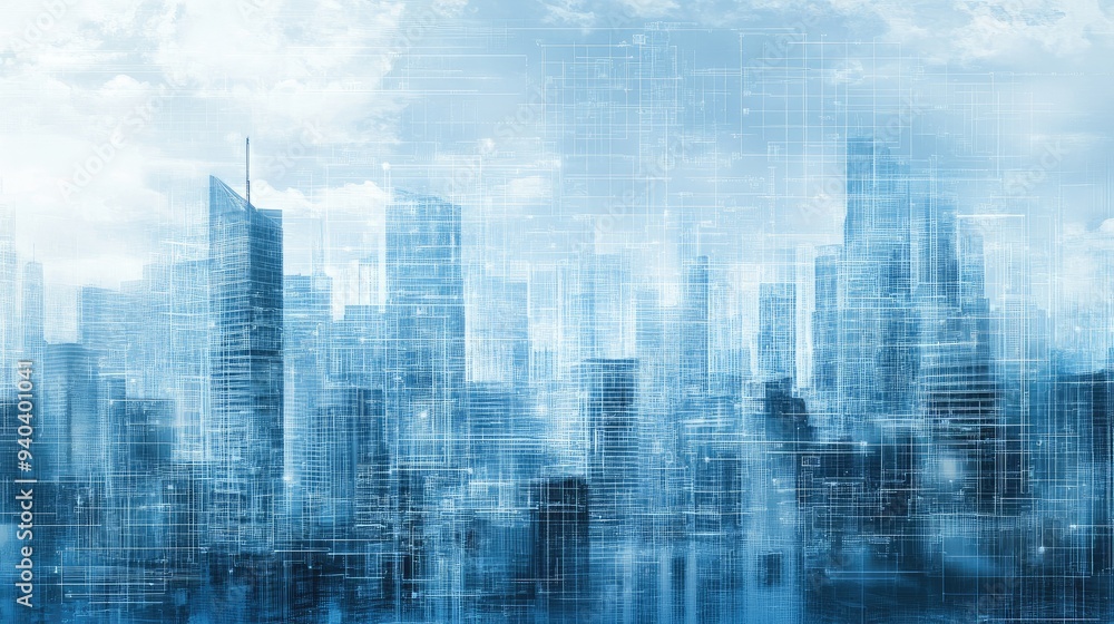 Futuristic cityscape with digital blueprints overlay Futuristic cityscape with digital blueprints overlay
