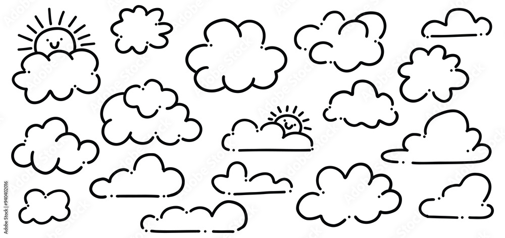 Hand-Drawn Cloud Doodle Set | Cute Cartoon Sun and Cloud Line Art Illustrations for Weather, Children’s Design, and Creative Projects Hand-Drawn Cloud Doodle Set | Cute Cartoon Sun and Cloud Line Art Illustrations for Weather, Children’s Design, and Creative Projects