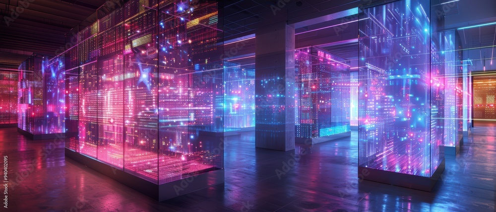 Futuristic Hologram of Cloud Data Centers Showing Real-Time Data Flow Futuristic Hologram of Cloud Data Centers Showing Real-Time Data Flow