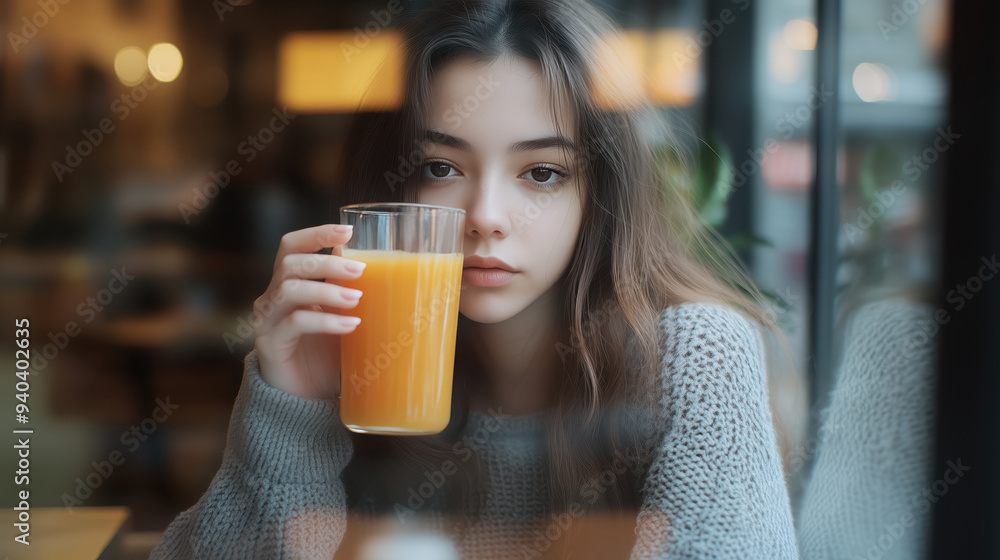 Young Woman in Cozy Cafe Holding a Glass of Orange Juice on a Chilly Day Young Woman in Cozy Cafe Holding a Glass of Orange Juice on a Chilly Day