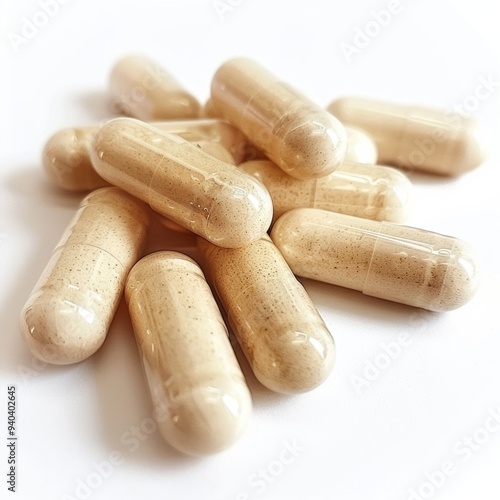 A close-up product shot of saw palmetto capsules on a white background.