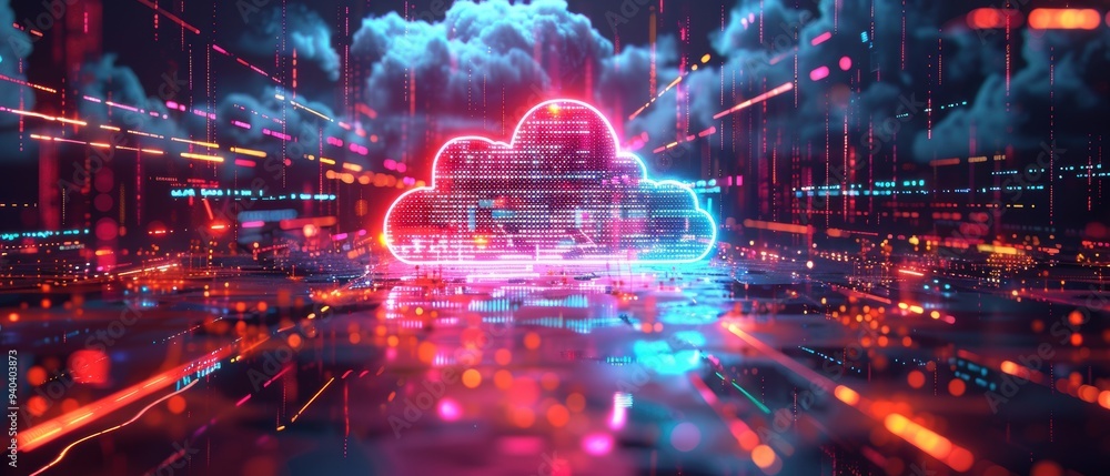 Futuristic Cloud Computing Concept in Vibrant Hologram with Synchronized Data Transfer Technology Futuristic Cloud Computing Concept in Vibrant Hologram with Synchronized Data Transfer Technology