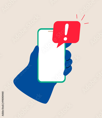 Smartphone with exclamation point in hand. Colorful vector illustration