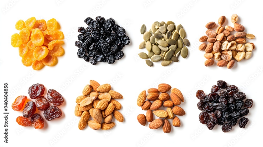80. An assortment of dried fruit and nut seeds isolated on a white backdrop 80. An assortment of dried fruit and nut seeds isolated on a white backdrop