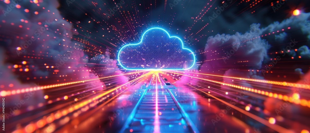 Obraz premium Futuristic Hologram Displaying Cloud Computing Technology with Dynamic Data