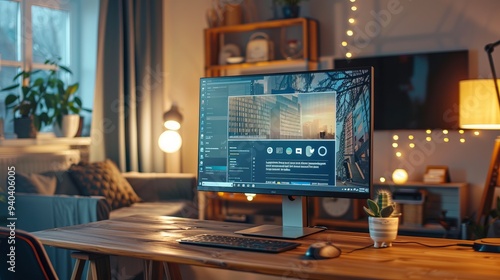 Desktop computer displaying latest news web page on screen, positioned on a wooden desk in a creative, cozy living room with warm evening lighting and open space studio background