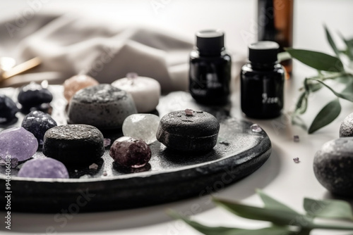 A Spa Stone Beauty Treatment with Essential Oils and sea salts. generative ai.
