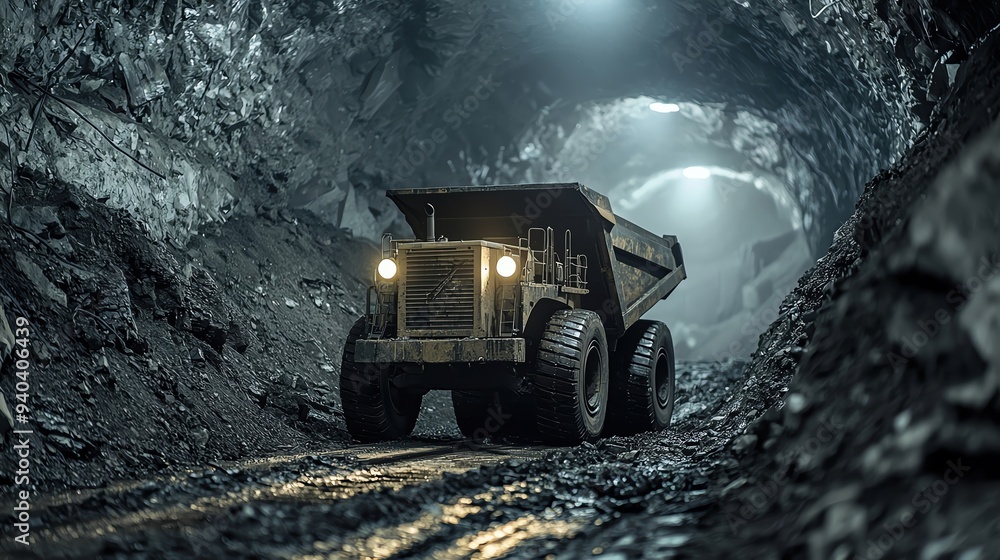 Large mining truck driving through a dark tunnel. Large mining truck driving through a dark tunnel.
