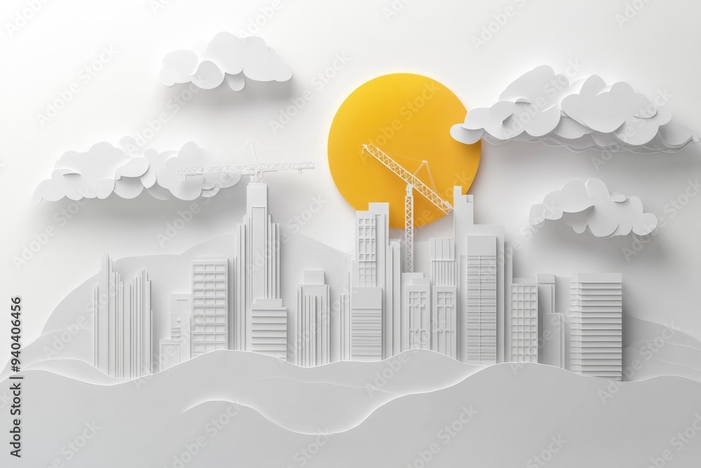 Obraz premium paper cut style white background construction site in city yellow sun above building