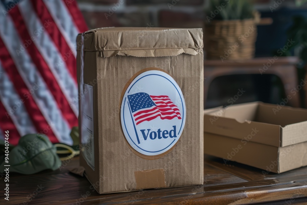 Fototapeta premium American Flag and a Ballot Box with Voted Sticker