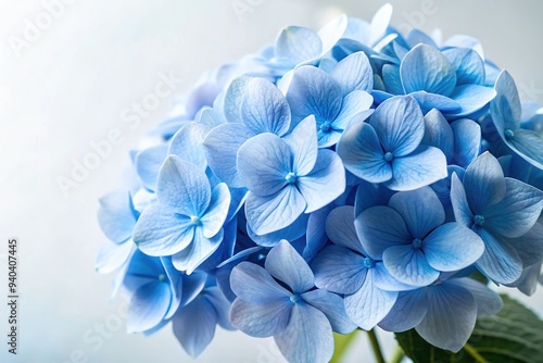 Delicate blue hydrangea flowers with subtle texture and soft petals bloom against a crisp, clean white background, evoking serenity and elegance in a minimalist setting.