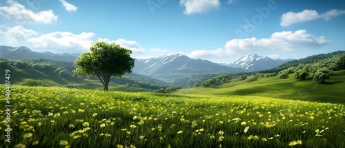 A breathtaking view of a serene landscape featuring rolling hills, a lone tree, and majestic mountains under a clear blue sky. photo