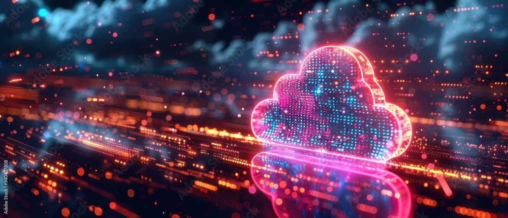 Futuristic Hologram Displaying Synchronized Data in Cloud Storage Futuristic Hologram Displaying Synchronized Data in Cloud Storage